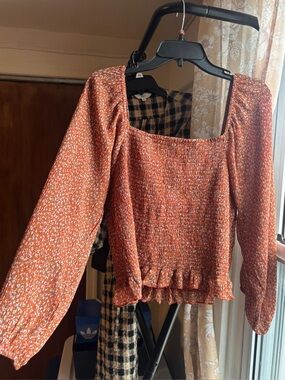 PAPER CRANE Rust Orange Floral Smocked Square Neck Balloon Sleeve Peasant Top 2X